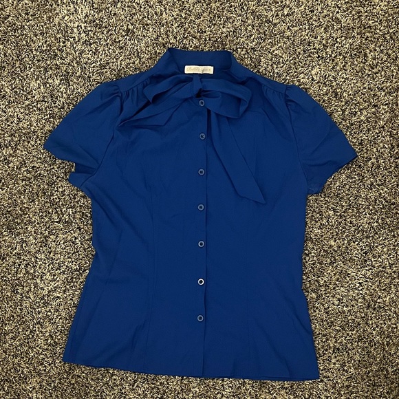 Belle Poque Short Sleeve Button Down Blouse Stripe Shirt Tops with Bow Tie - Picture 2 of 2